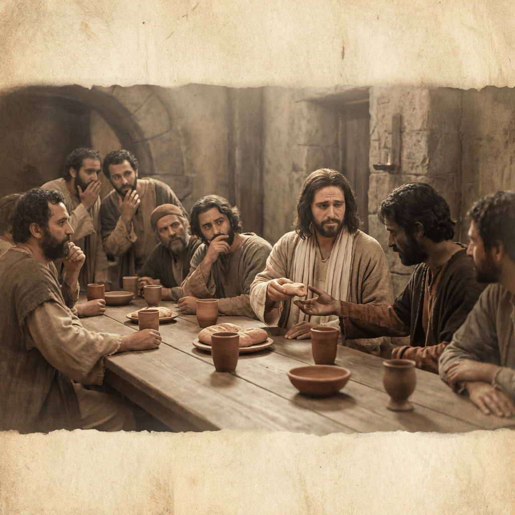 Men in historical clothing sharing bread and drink around a rustic wooden table.