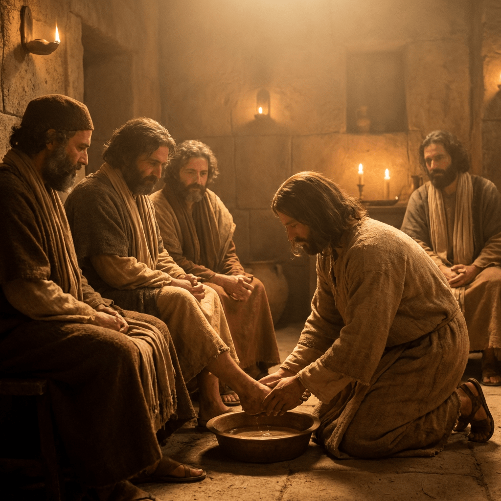 Jesus washing his disciples' feet in a candlelit stone room.