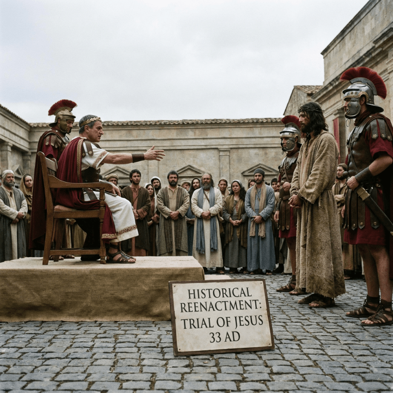 Historical reenactment: Trial of Jesus 33 AD showing Pilate and Jesus in a courtyard.