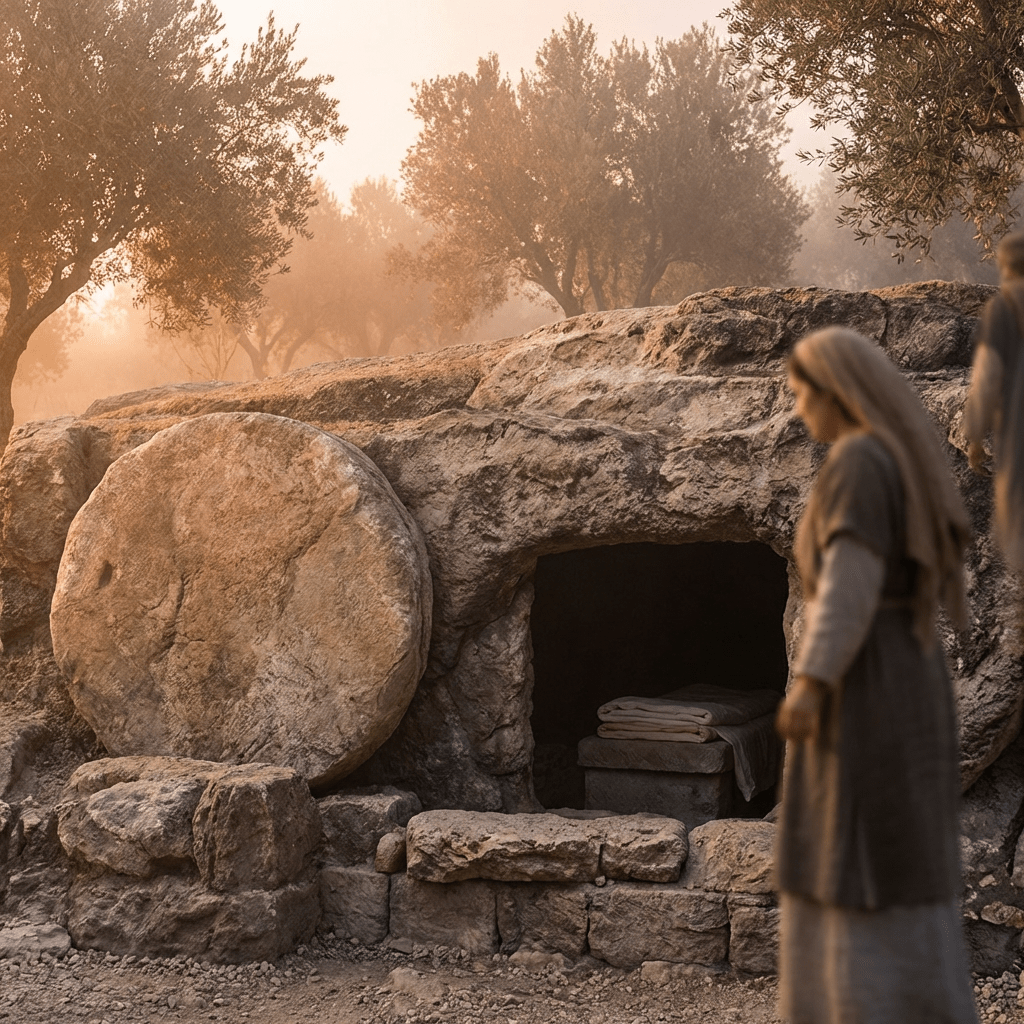 Empty rock-cut tomb with the large entrance stone rolled away at sunrise.