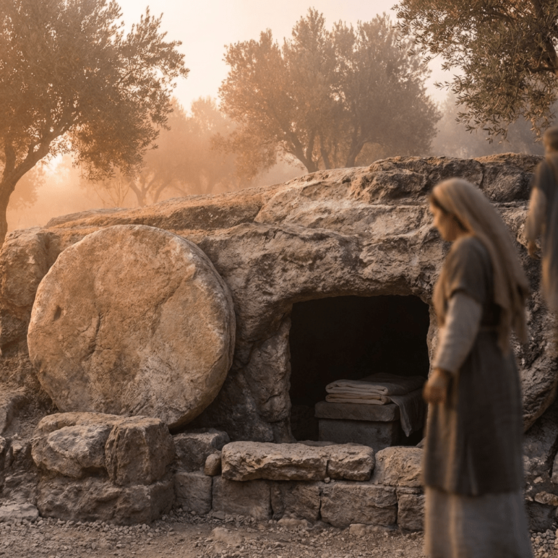 Empty rock-cut tomb with the large entrance stone rolled away at sunrise.