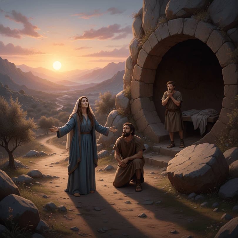 Disciples at empty tomb sunrise