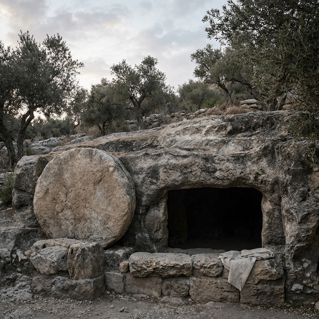 An empty stone tomb with a large circular stone rolled away from the dark entrance.