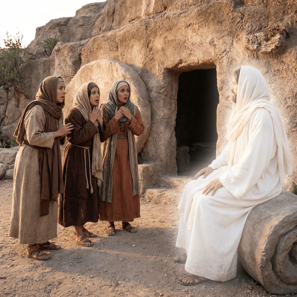 Three women reacting with shock to a man in white robes outside a stone tomb.