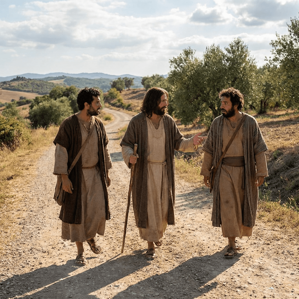 Three men in ancient robes walking and talking on a dirt path in the countryside.