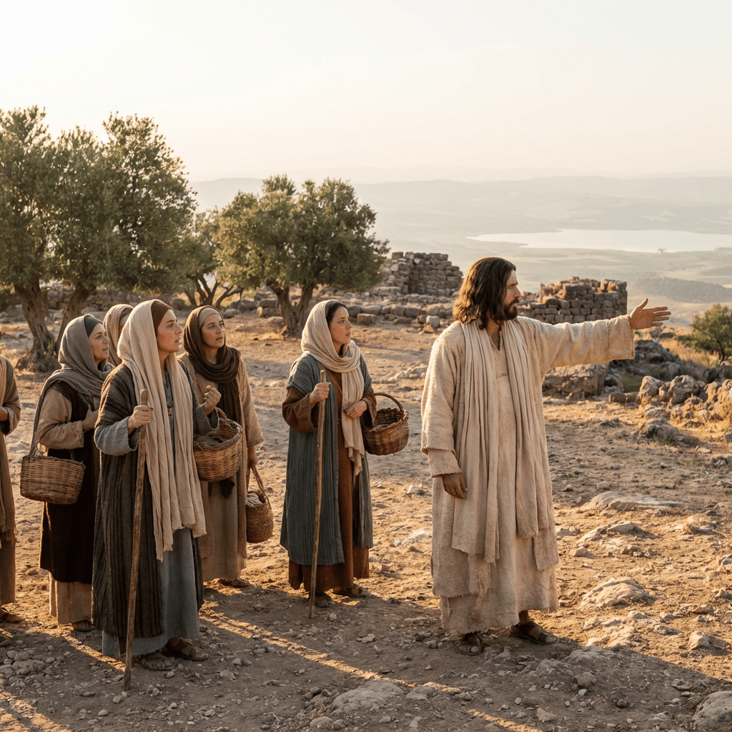 Jesus points towards a valley while a group of women in headscarves listen intently.