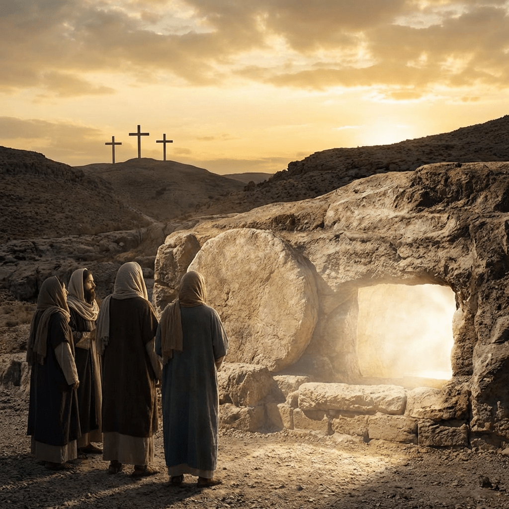 Four people look into a glowing empty tomb with three crosses on a distant hill.