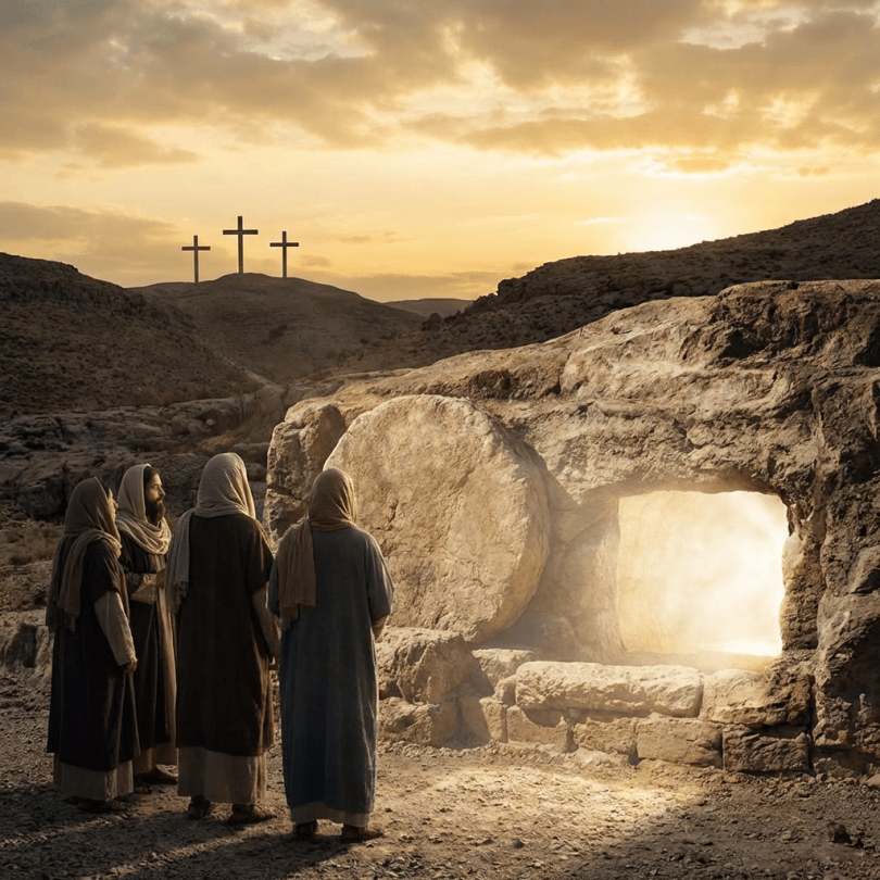 Four people look into a glowing empty tomb with three crosses on a distant hill.
