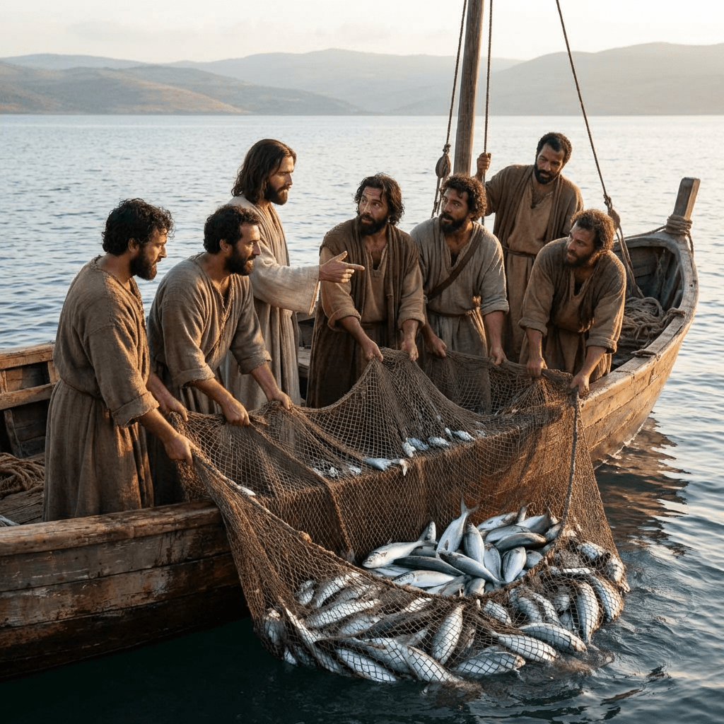 Seven men on a wooden boat haul a net full of fish from the water.