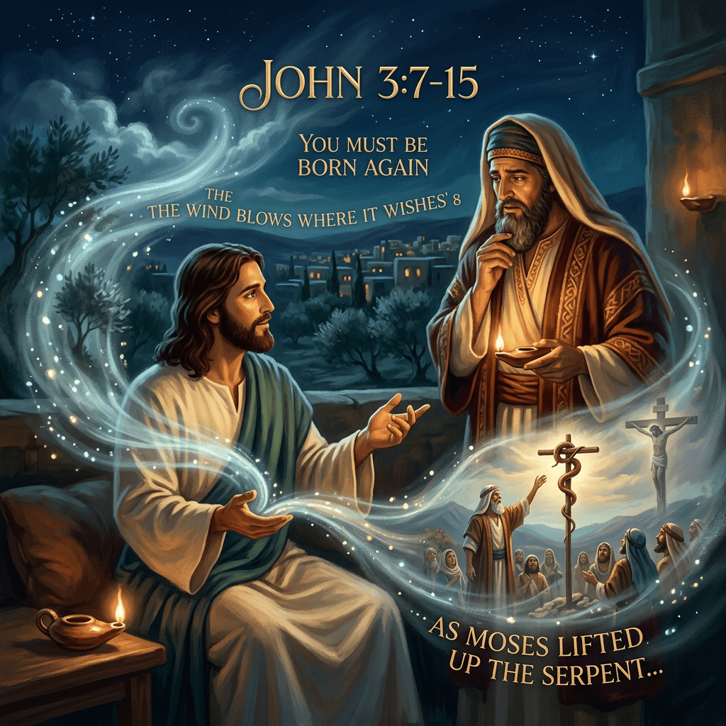 Jesus speaking to Nicodemus with glowing spiritual imagery and biblical text