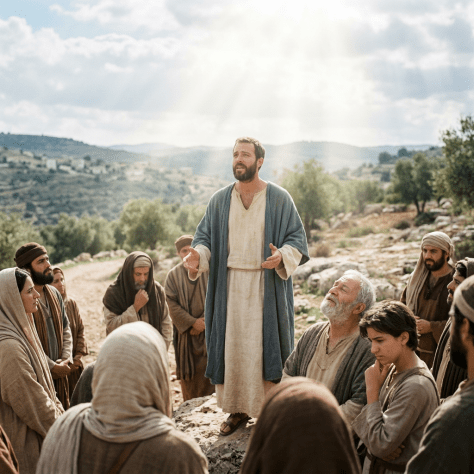 A man in traditional ancient robes speaking to a gathered crowd outdoors