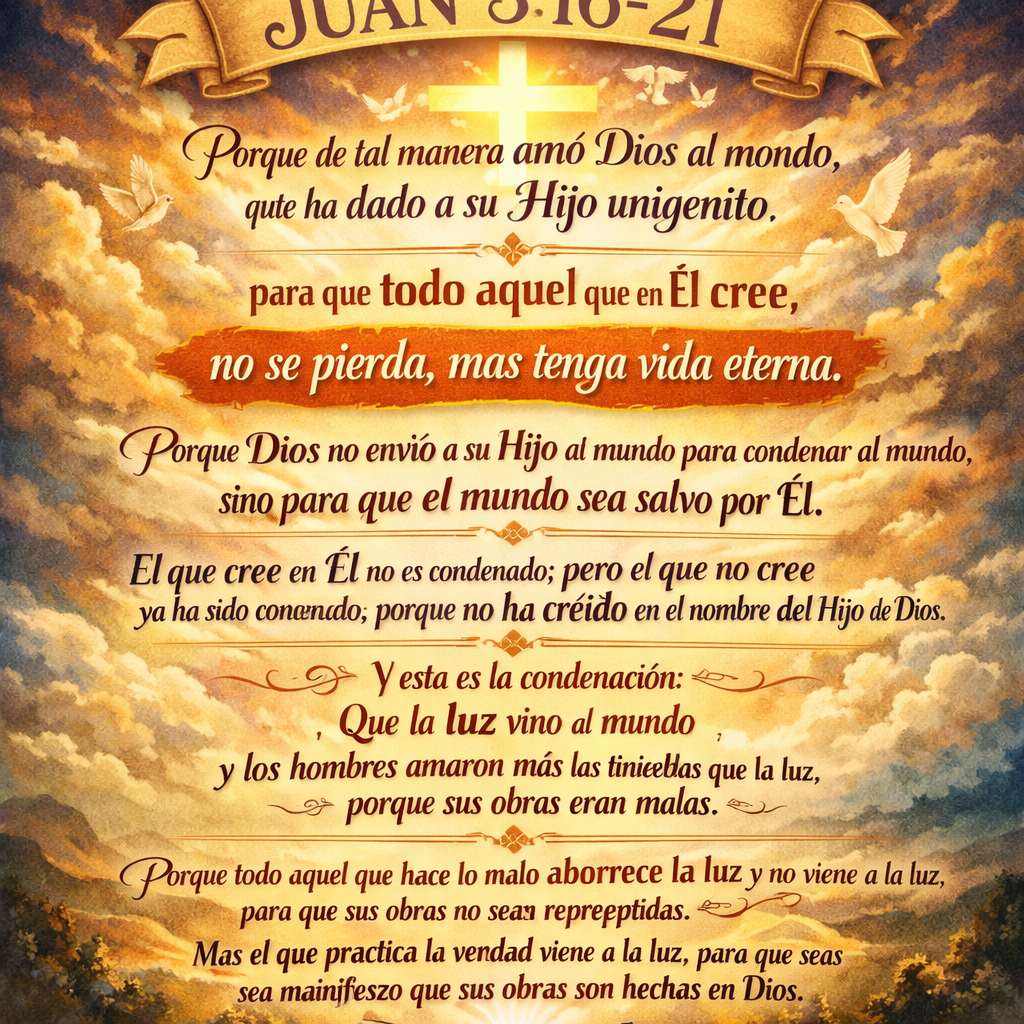 John 3:16-21 Bible verse in Spanish with bright cross and doves