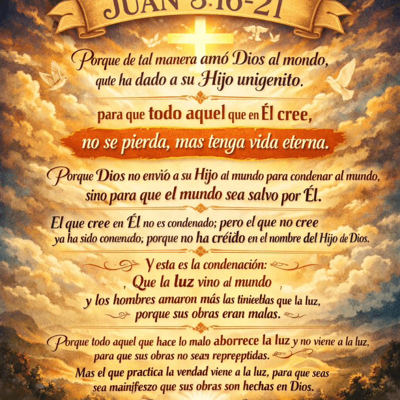John 3:16-21 Bible verse in Spanish with bright cross and doves