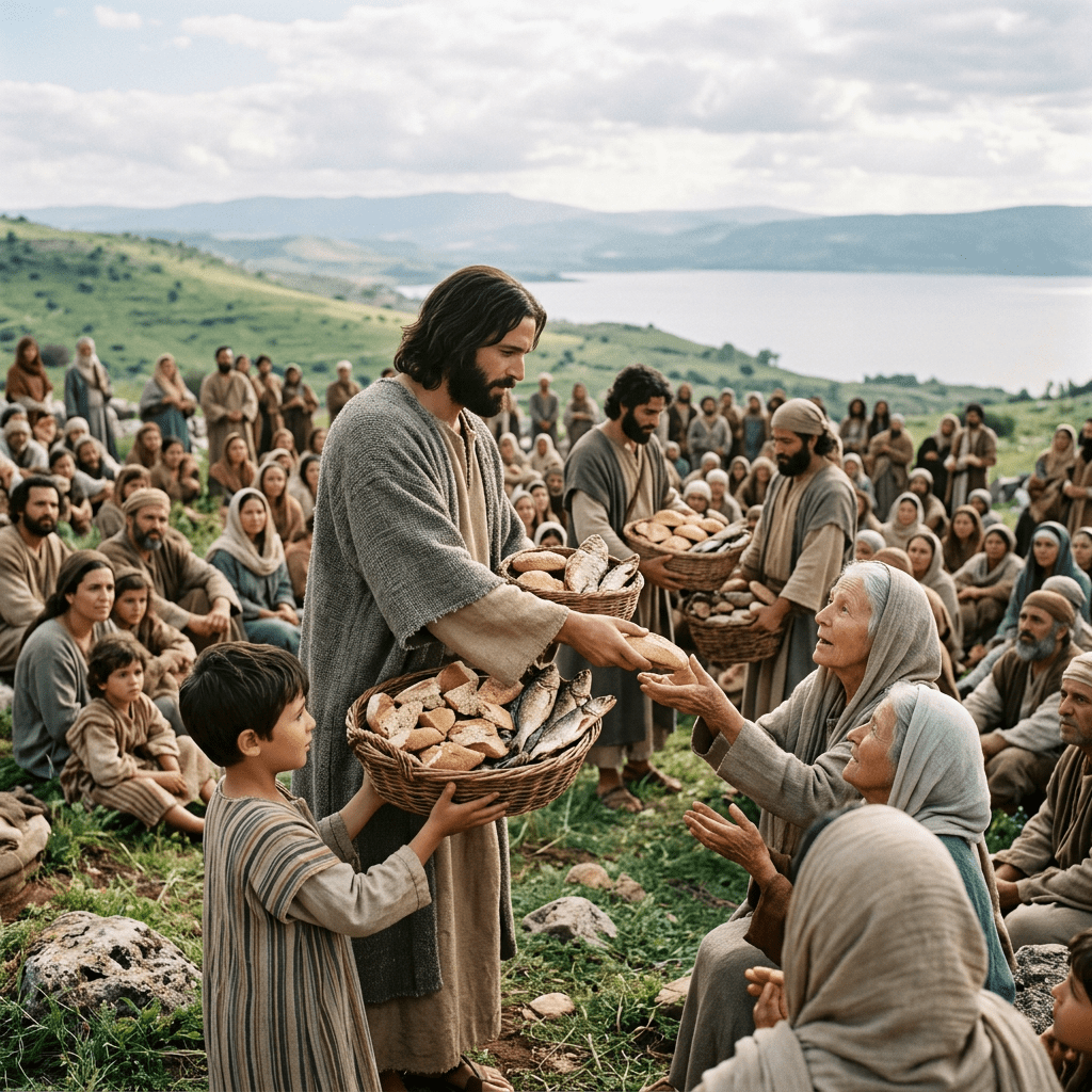 A man handing bread and fish to people gathered outdoors near a lake with green hills in the background