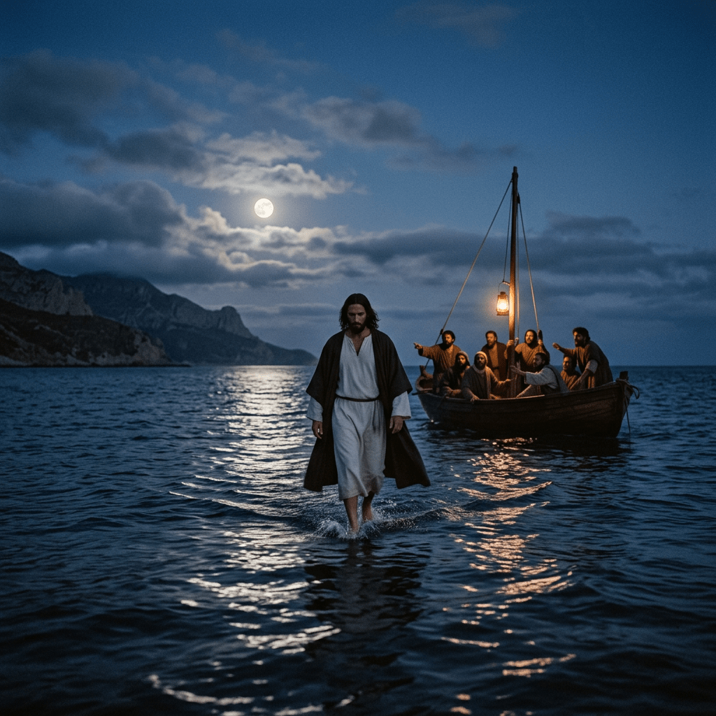 A man in robe walking on water at night near a boat with people and a lantern under a full moon