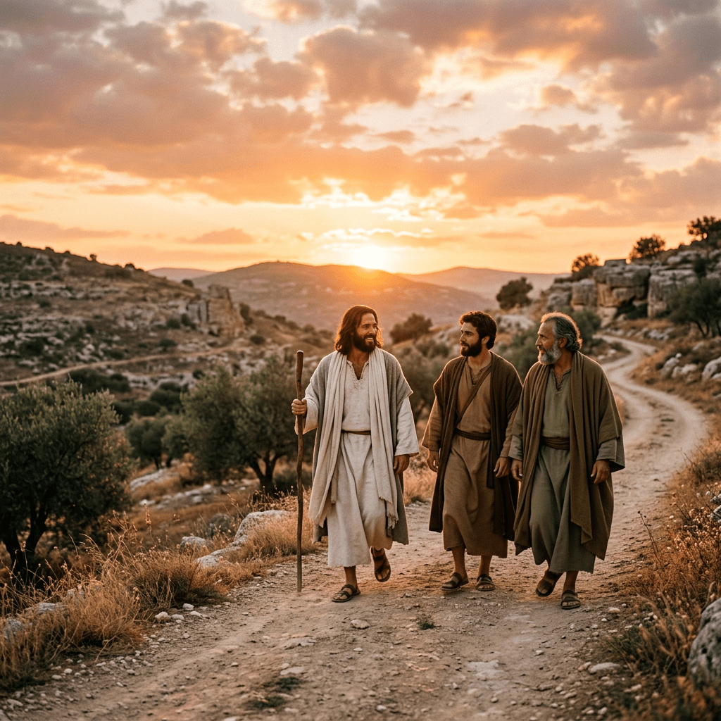 Three men wearing ancient robes walking on a dirt path with a sunset and hills in the background
