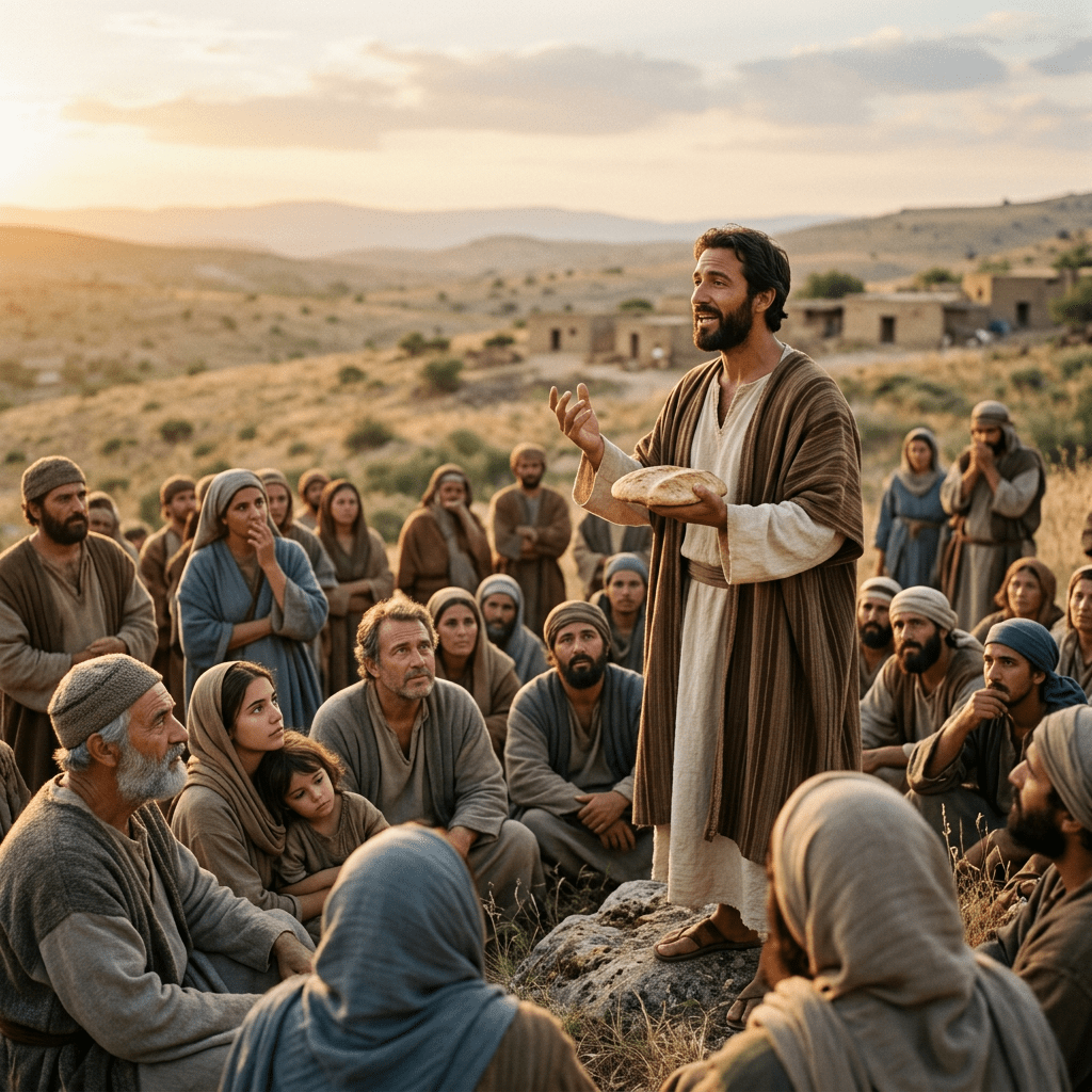 Man holding bread speaking to a crowd of people dressed in ancient clothing outdoors