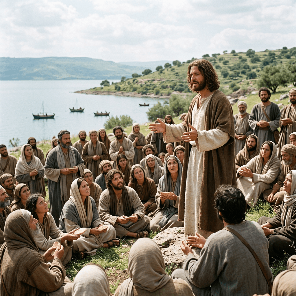 Man speaking to a crowd of people near the sea with boats in the background.