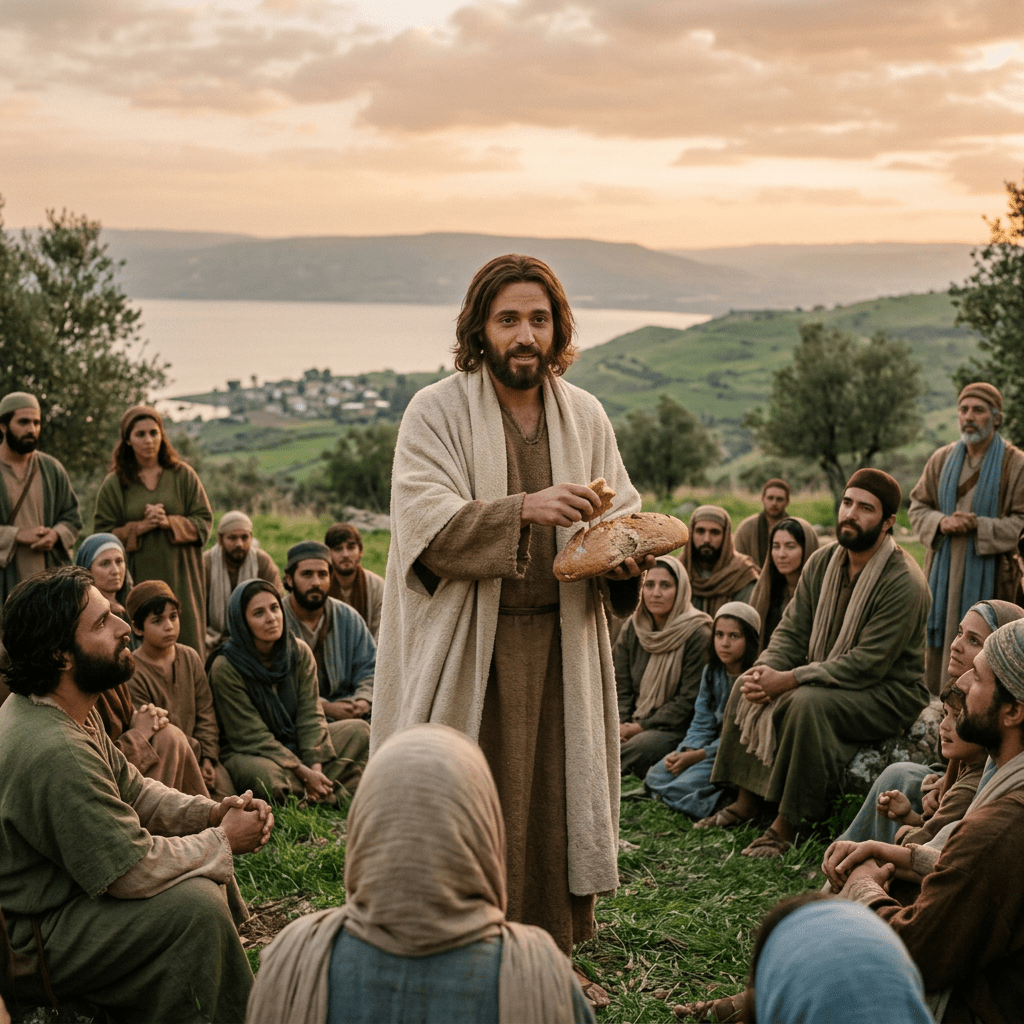 A man holding and breaking bread speaks to a seated group in traditional ancient clothing outdoors.