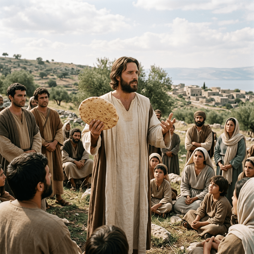 Man holding flatbread addressing a group of attentive people outdoors