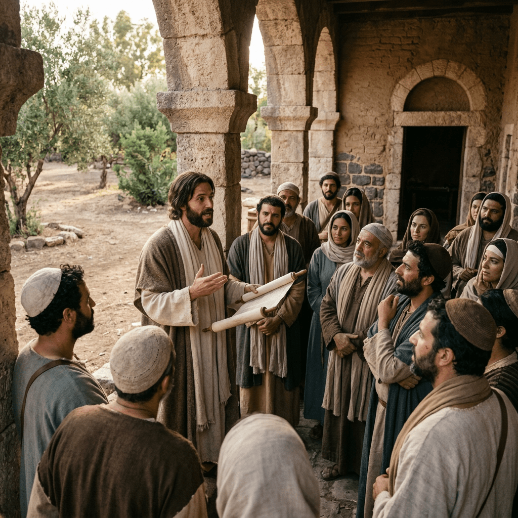 Man holding a scroll speaking to a diverse group listening attentively