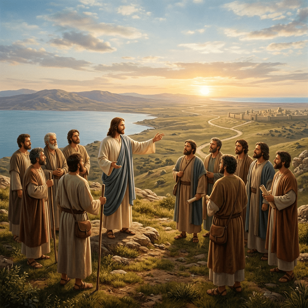 Jesus teaching twelve disciples on a hillside with city and river in the background at sunrise
