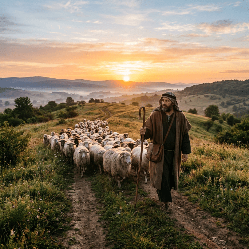 Good Shepherd guiding sheep at sunrise