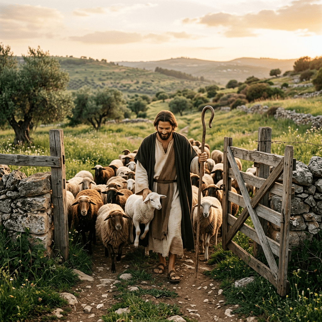 Shepherd holding a lamb and staff leading a flock of sheep through a wooden gate in a rural pasture