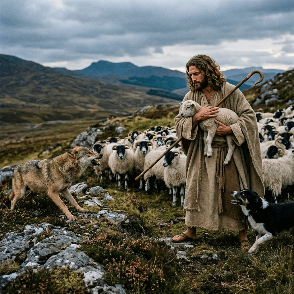 Shepherd holding a lamb facing an aggressive wolf near his flock of sheep