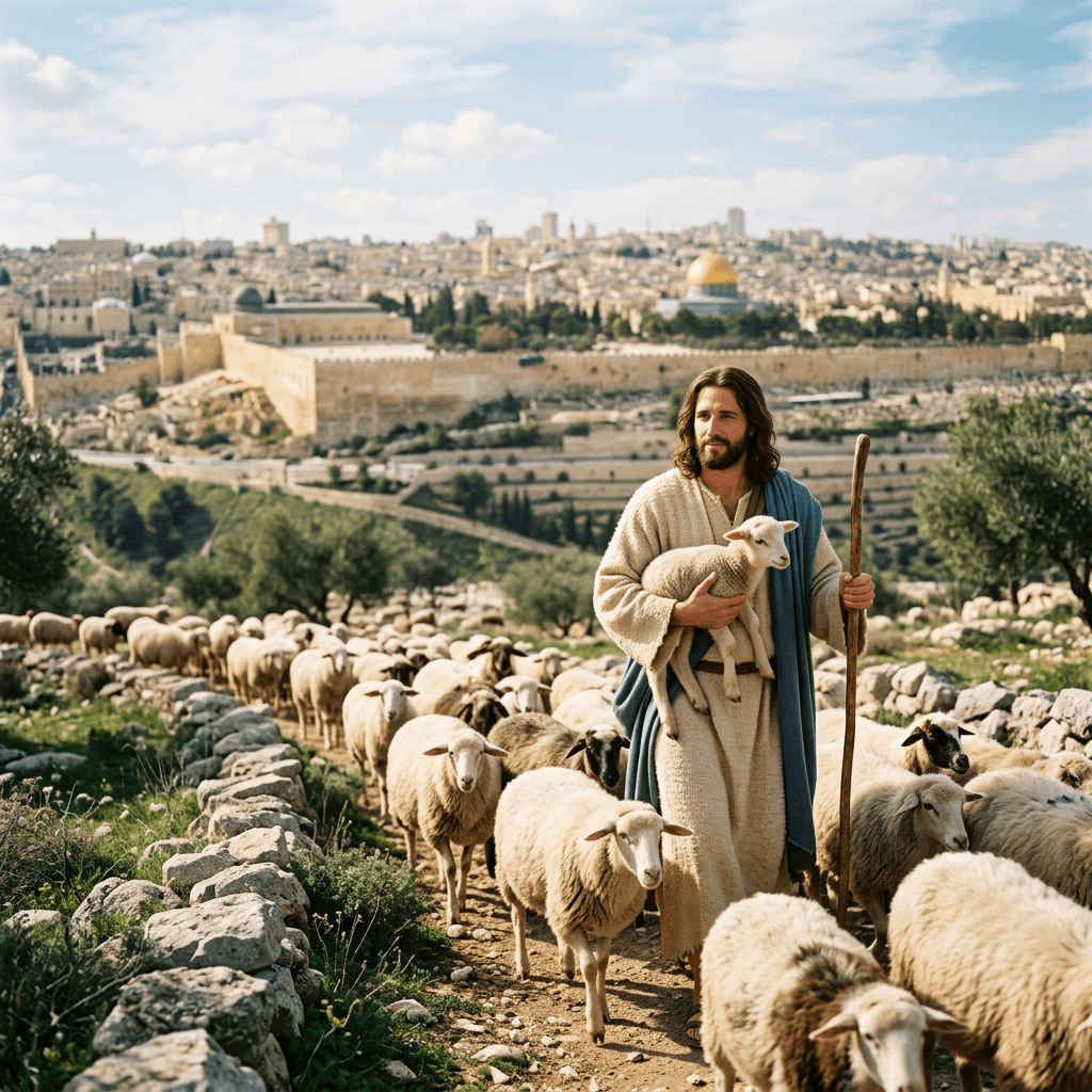 Shepherd holding a lamb surrounded by a flock of sheep with an ancient city in the background