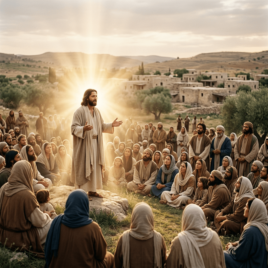 Jesus speaking to a crowd with radiant light behind him in a village landscape
