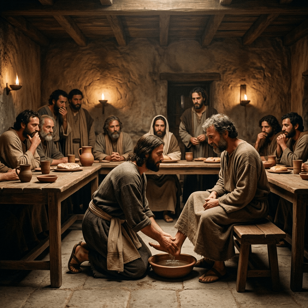 Jesus kneeling and washing a man's feet in a dimly lit room with disciples seated around a wooden table