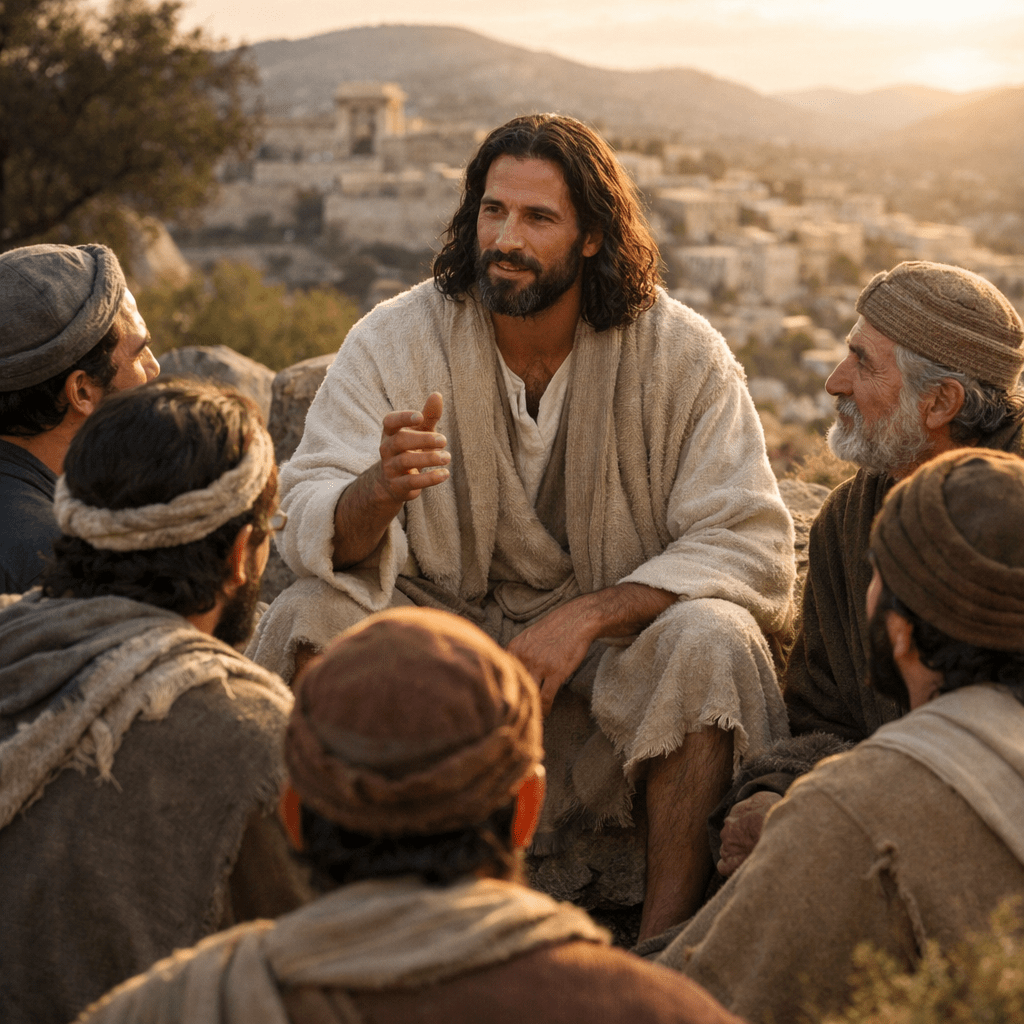 A man in light robes speaking to attentive men in traditional clothing outdoors