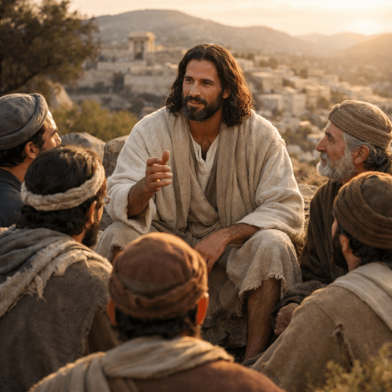A man in light robes speaking to attentive men in traditional clothing outdoors
