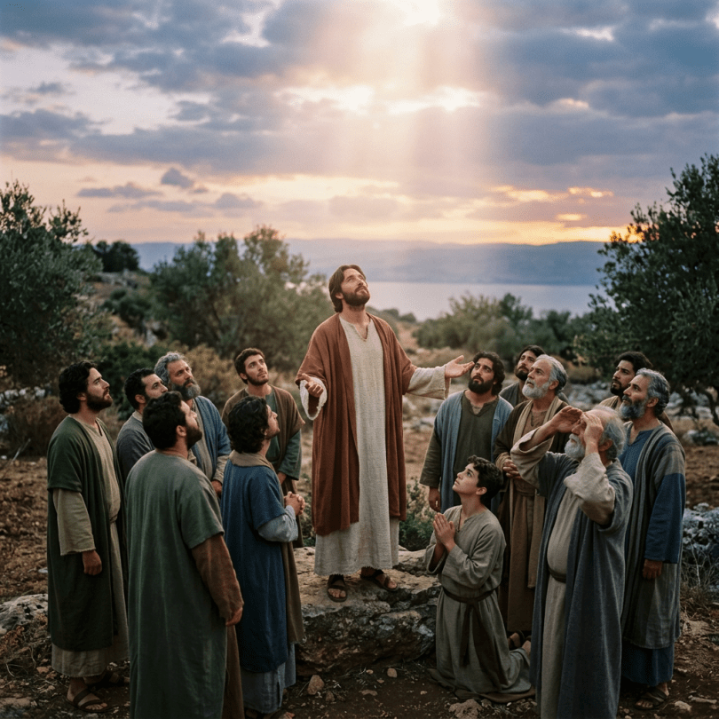 Jesus standing on a rock with arms raised, surrounded by disciples looking up