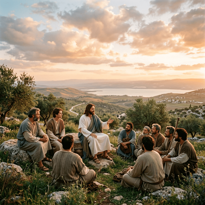 Jesus sitting on a rock teaching a group of disciples outdoors at sunset