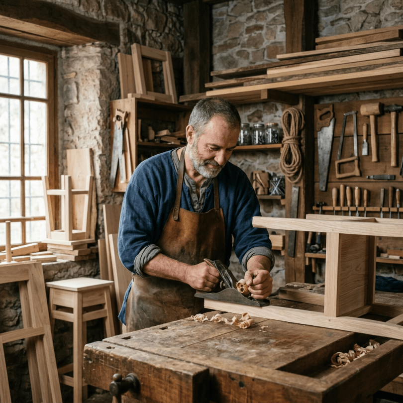 Middle-aged man using a hand plane on a wooden furniture piece in a workshop