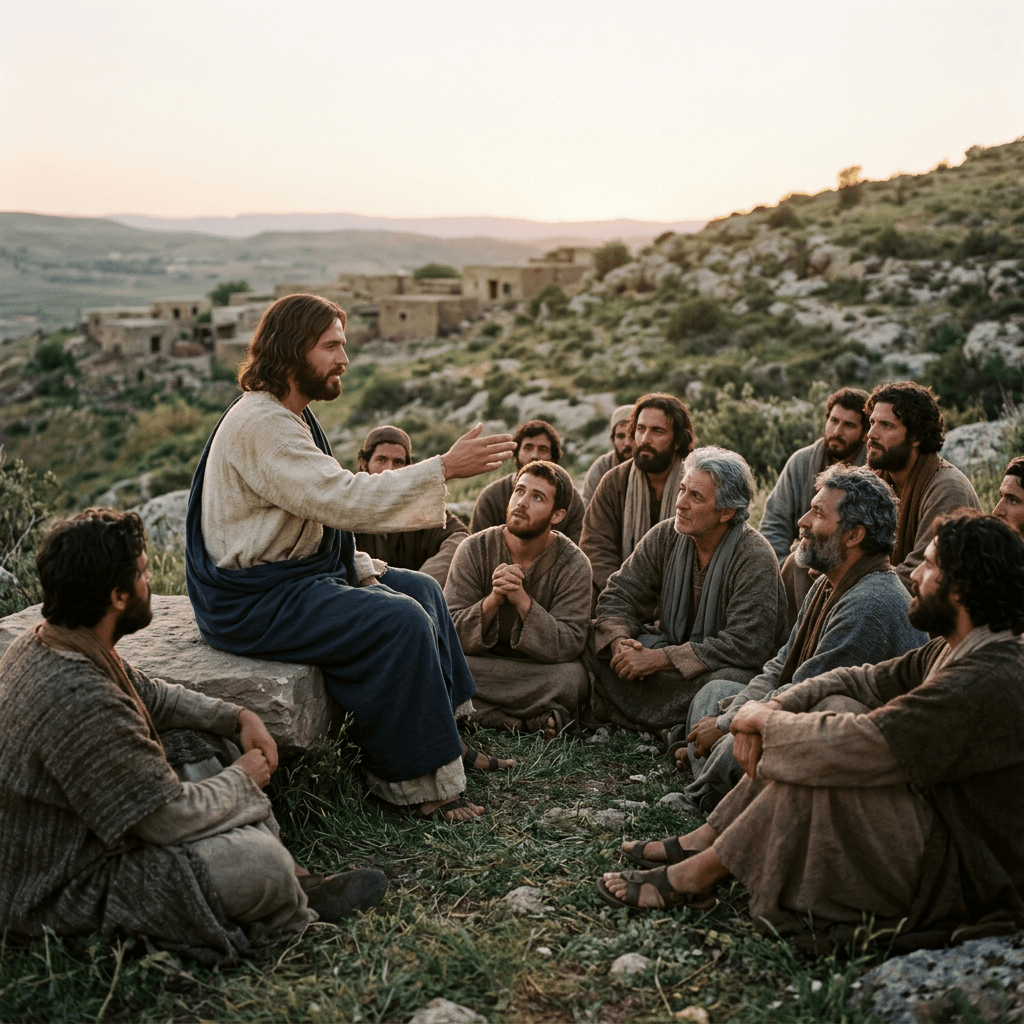 Man dressed as Jesus teaching a group of attentive men in biblical clothing outdoors