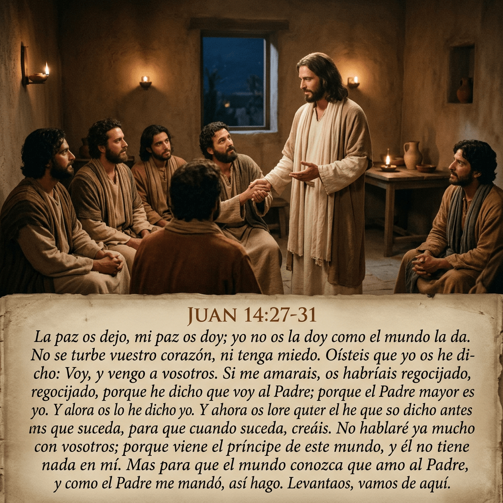 Jesus speaking and comforting seated disciples in a dimly lit room