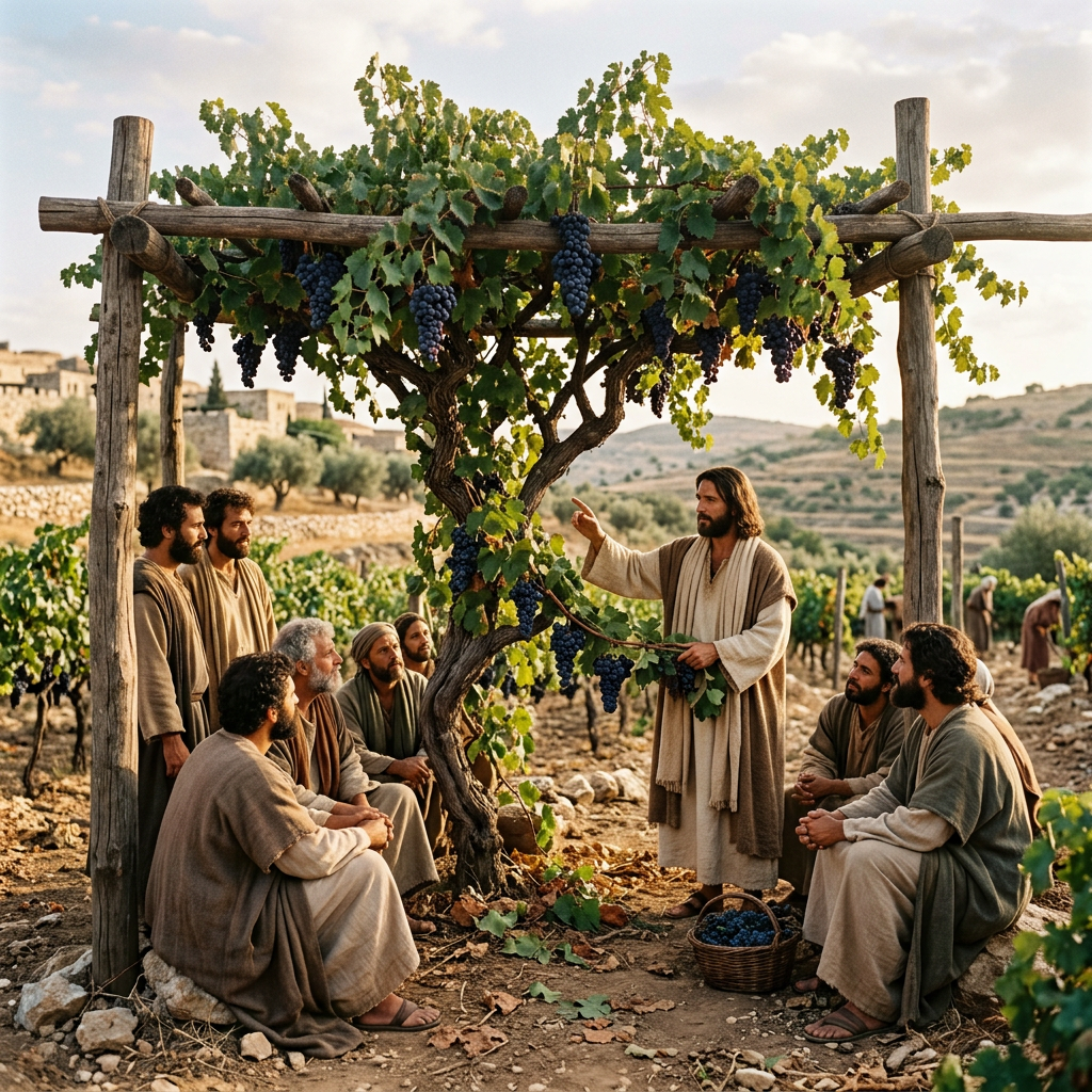 Man teaching disciples under grapevine with ripe grapes in vineyard