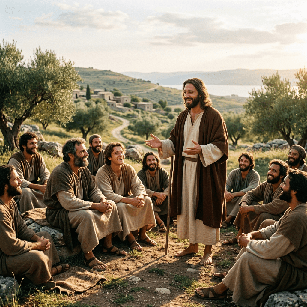 A man in biblical-style clothing speaking to a group of seated men outdoors