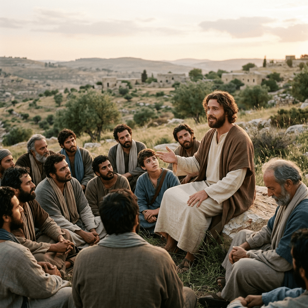 A seated man speaking to a group of men in ancient clothing outdoors