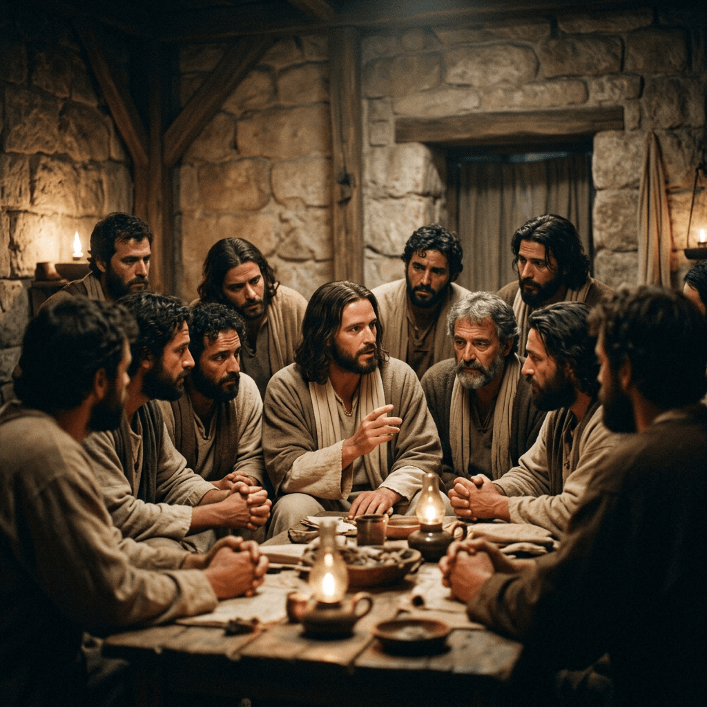 Jesus speaking to disciples gathered around a table in a stone room