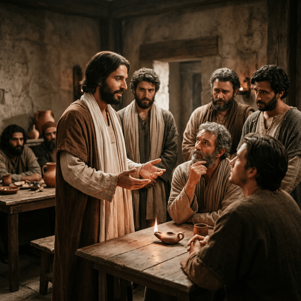 Man in brown and white robes speaking to attentive men around table with oil lamp