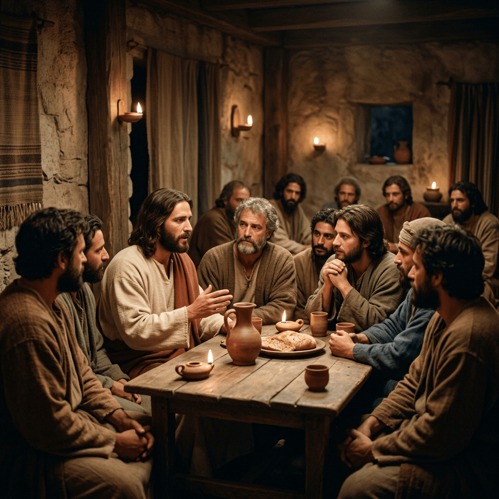 Jesus speaking to disciples seated around a wooden table with bread and clay cups