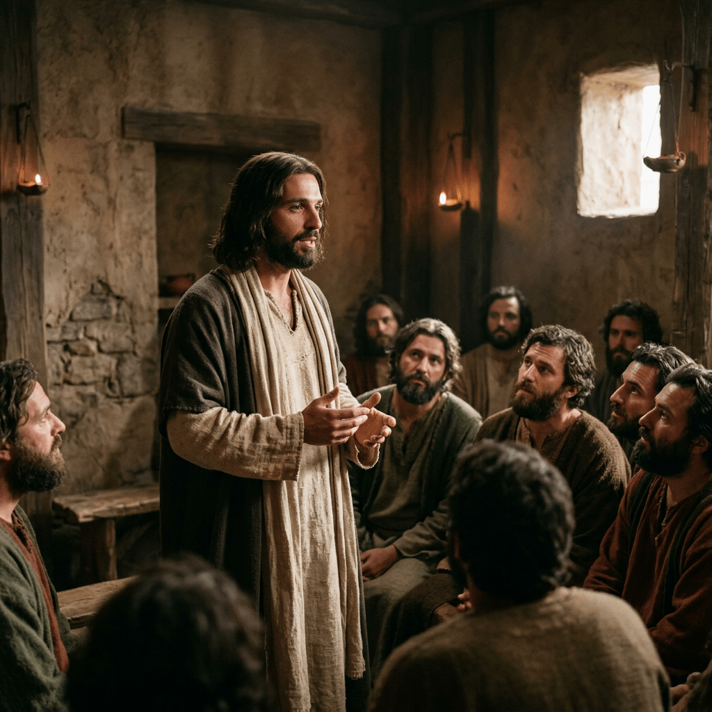 Man in robes teaching or preaching to a group of men in a rustic stone room