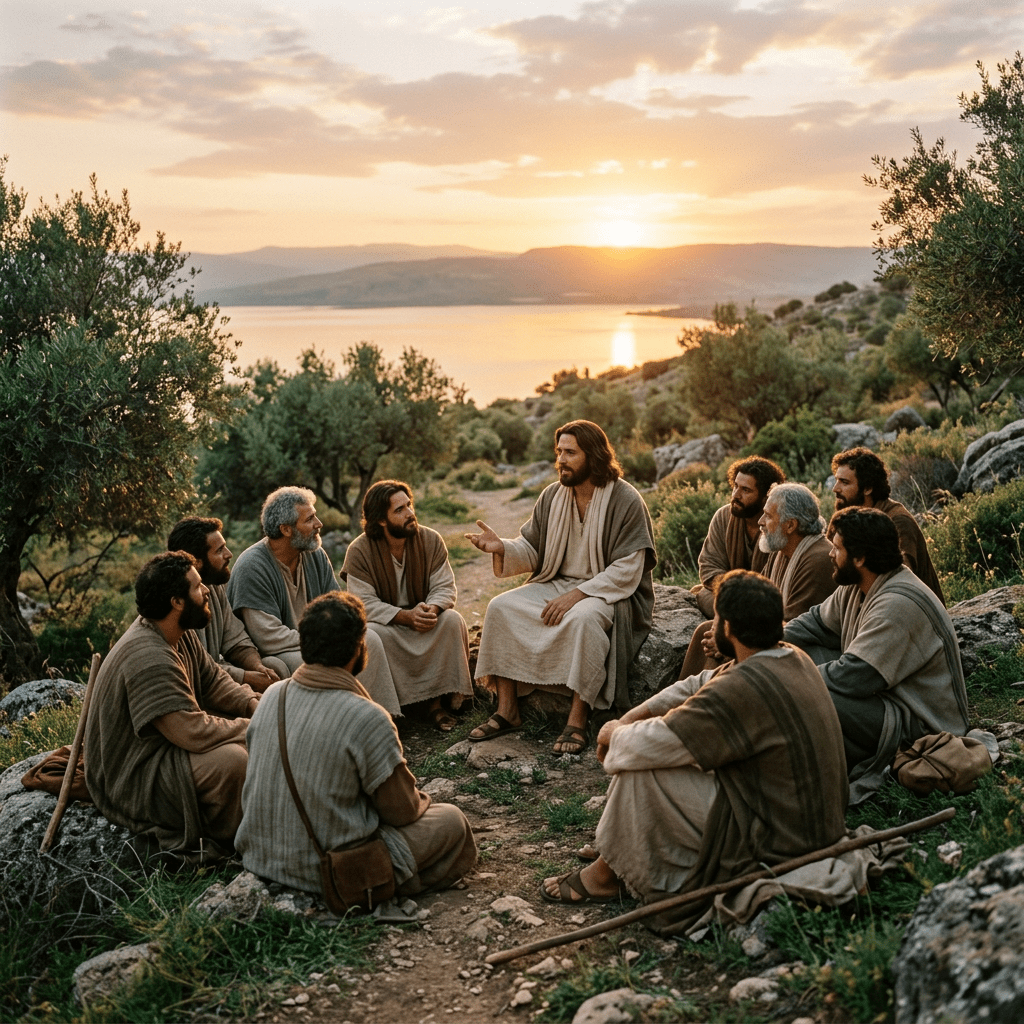 Jesus seated on a rock teaching a group of disciples outdoors at sunset near a body of water