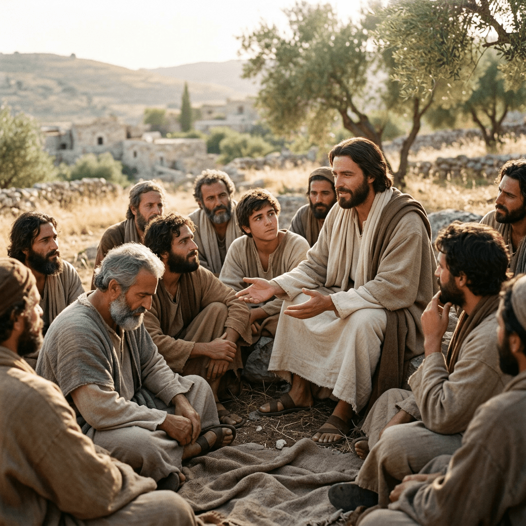 Jesus speaking to his disciples seated around him outdoors