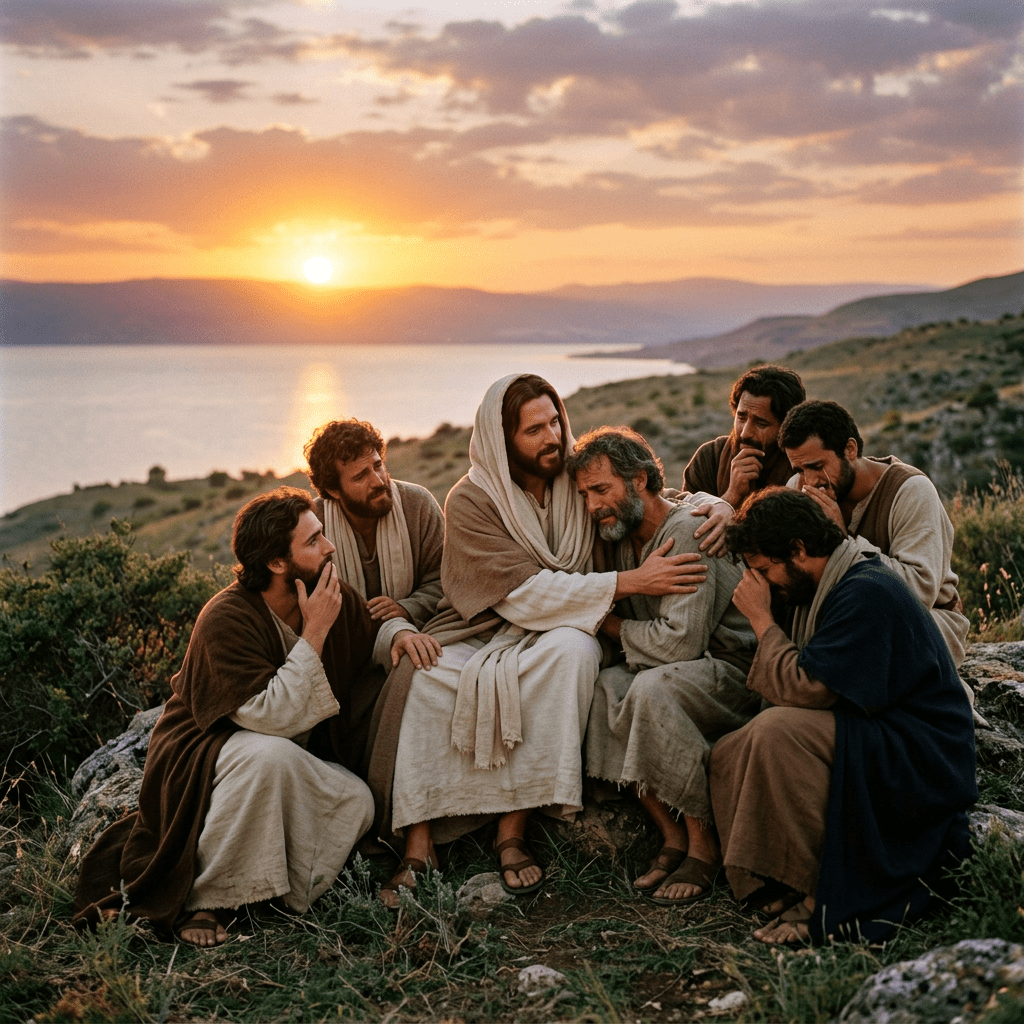 Jesus comforting a group of seven male disciples outdoors at sunset