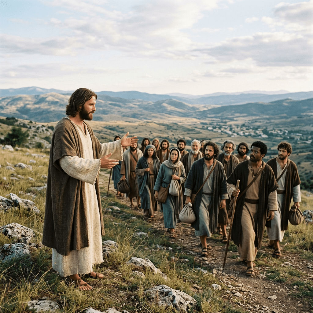 Jesus speaking to a group of followers on a rocky mountain path